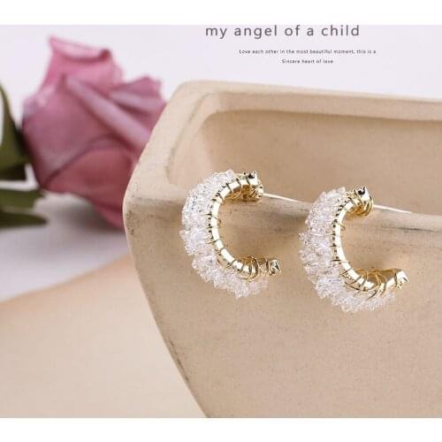 2pcs New Arrival Copper-plated C-shaped earrings temperament winding crystal beads stud earrings needles DIY jewelry materials