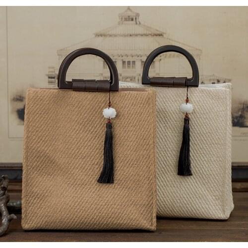 2021 Vintage Straw Woven Jade Tassel Big Capacity Wood Handle Tassel Handmade Fabric Diy Material Pack Non Finished Bag Totes