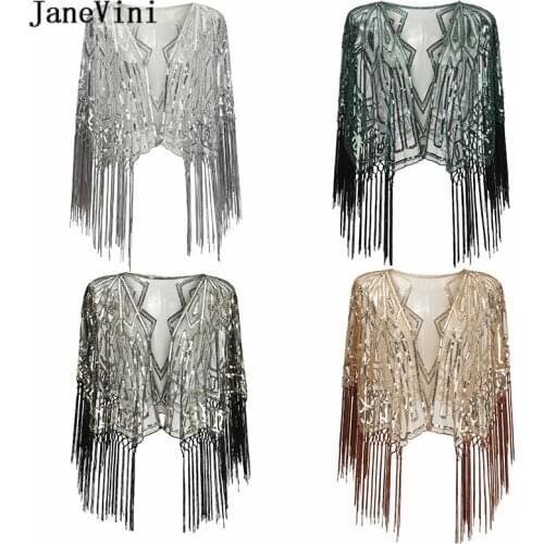 JaneVini 2020 Sparkle Bridal Bolero Sequined Beaded Black Gold Shawls Wraps Wedding Short Cape Jacket Evening Party Accessories