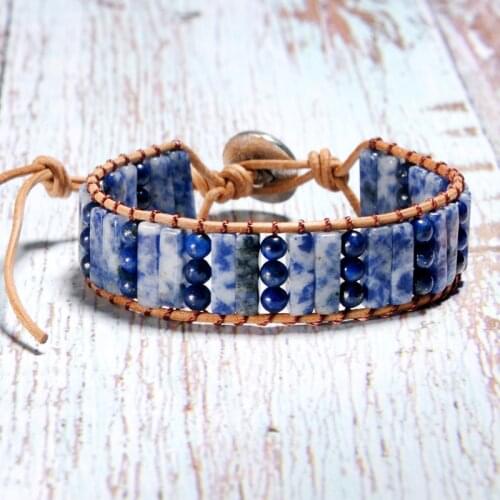 Natural Stone Single-layer Beaded Bracelet Woven Leather Wrapped Womens Jewellery Holiday Dating Gift DIY Accessories