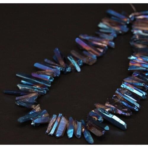 15.5"strand Blue Titanium Crystal Quartz Top Drilled Point Loose Beads,Raw Rough Crystal Stick Pendant Beads Bulk Jewelry Making