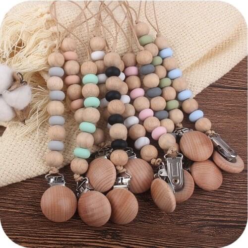 Wooden Pacifier Holder Chain Silicone Pacifier Clip Baby Teething Nursing Toy