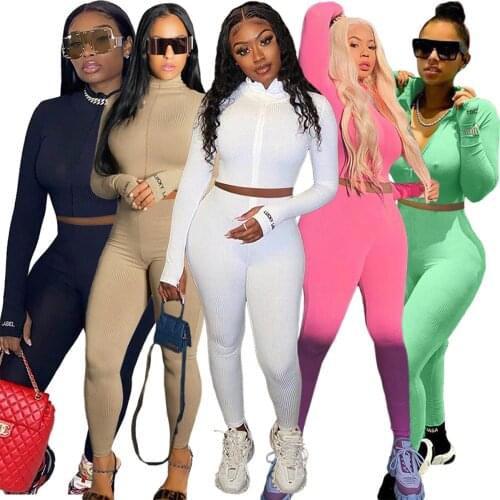 Two Piece Set Sexy Sports Yoga Set Bodycon Embroidery Ribbed Knit Tracksuit Fall Winter Casual Clothes for Gym Fitness