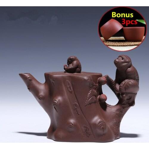 340ml ZiSha creative Monkey Tea Pot Set Chinese Handmade Tea Pot Kettle Yixing Purple Clay Teapot Bonus 3 Tea Cups with Gift Box