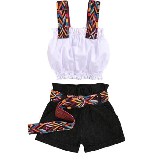 2020 Baby Summer Clothing Kids Toddler Baby Girl Colorful Strap Tops Vest Shirt +Shorts Jeans With Sash Outfit 2PCS Clothes