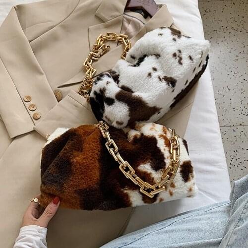 Cow Pattern Soft Faux Fur Small Shoulder Bags For Women 2020 Winter Branded Chain Handbags Fashion Trending