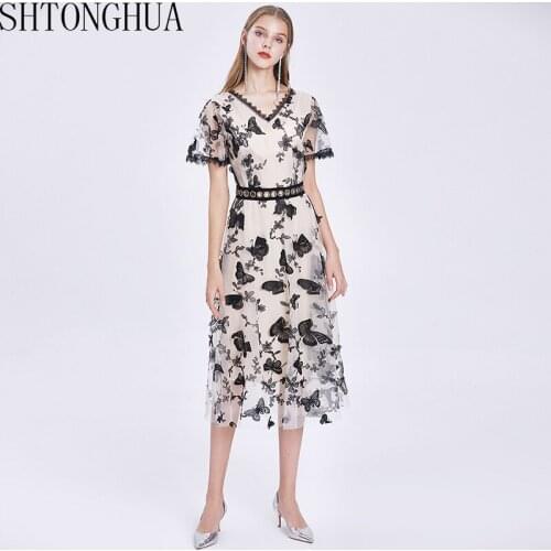 Fashion Designer Runway Long Dress 2020 Summer Women High Quality Short Sleeve V Neck Mesh Butterfly Embroidery Maxi Party Dress