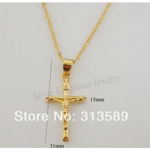 NEW DESIGN 24K YELLOW GOLD OVERLAY 18" NECKLACE & JESUS CROSS GOD PENDANT CUTE SHAPED