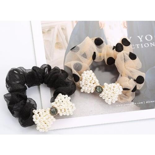 Women Cute Lace Scrunchie Pearl Bow Elastic Hair Band Kawaii Hair Chouchou For Girls Ponytail Holder Headband Hair Accessories