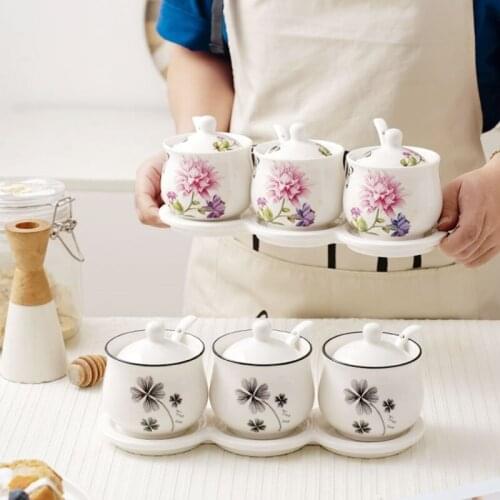 Pattern ceramic seasoning jar Sugar Salt MSG Seasoning Seasoning box set combination Household kitchen supplies