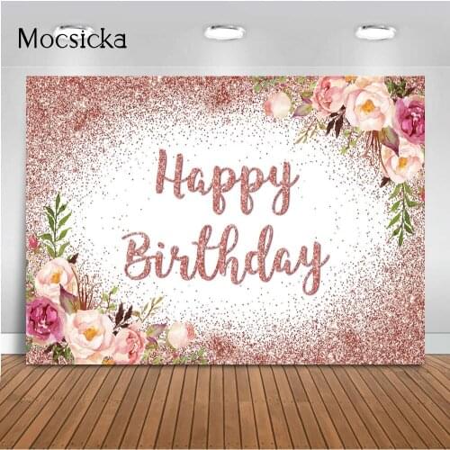 Rose Gold Glitter Birthday Backdrop Floral Background Womens Birthday Backdrop for Photogrpahic Studio Customize Fabulous