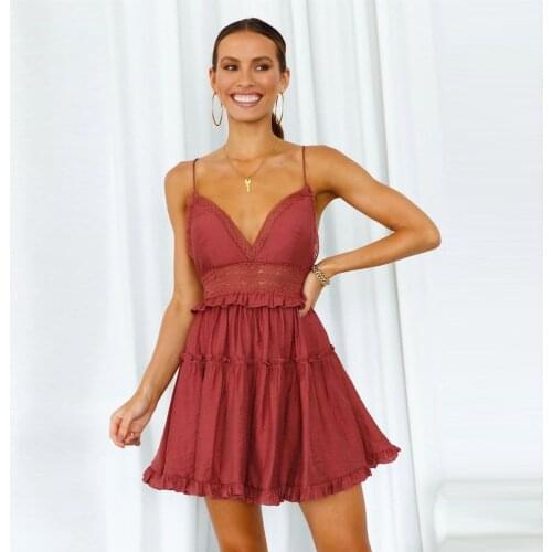 Sexy Backless Cross Strap V-neck Mini Dress Women Solid Color Lace Hollow Out Design Ruffles Patchwork High Waist Party Vestidos