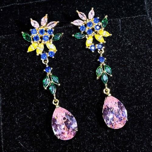 CIZEVA Bohemian Style 925 Silver Drop Earrings Exquisite Cubic Zirconia Flower Dangler for Women Girls Wedding Party Jewelry