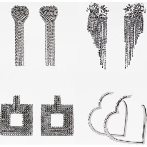 Vedawas ZA Korean Shiny Rhinestone Heart Fringed Tassel Earrings for Women Trendy Square Daisy Drop Earrings Wedding Jewelry