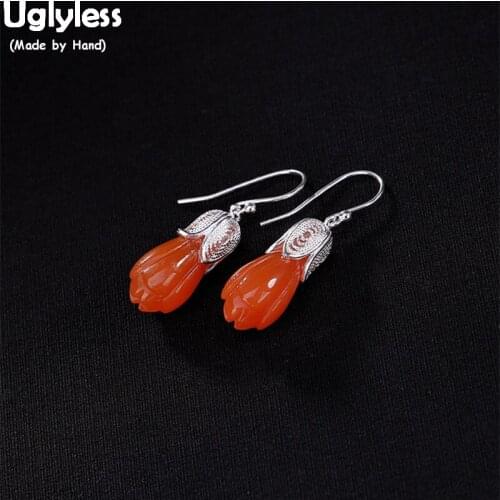 Uglyless 100% Real 925 Sterling Silver Handmade Filigreed Magnolia Flower Earrings for Women Natural Agate Floral Fine Jewelry