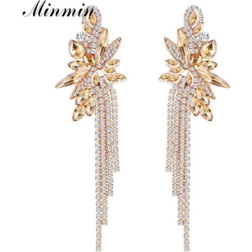Minmin Statement Sexy Crystal Long Tassel Drop Earrings for Women Unique Flower Dangle Wedding Earrings Fashion Jewelry MEH1624