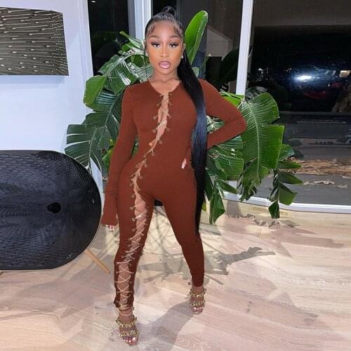 2021 Ribbed Chain Hollow Out Side Criss-Cross Jumpsuit Women Solid Flared Sleeve Skinny Slim Night Club Party One Piece Overall