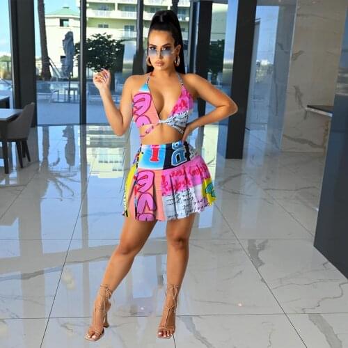 2021 New Arrival Famous Brand 2 pcs Women Set Print Halter Strapless Short Tops Mini Dress Summer Sexy Club Outfits