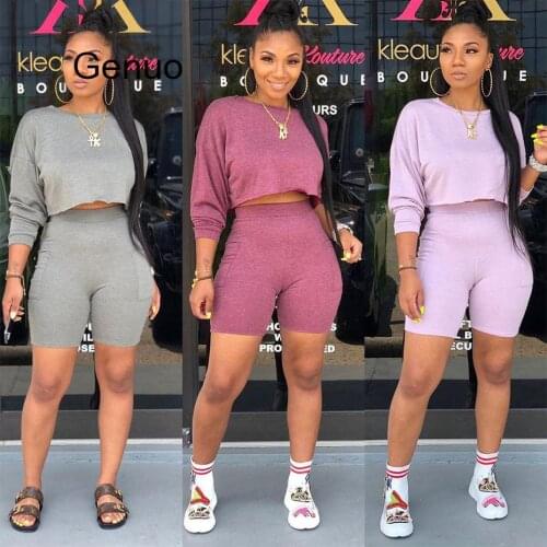 Women Two Piece Outfits Tracksuit Long Sleeve Crop Top And Biker Shorts Sweat Suits Summer Clothes 2 Piece Matching Sets