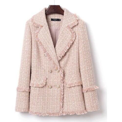 2021Autumn Winter Plaid Tweed Woolen Jackets Vintage Runway Designer Long Sleeve Ladies Tassels Twill Coat