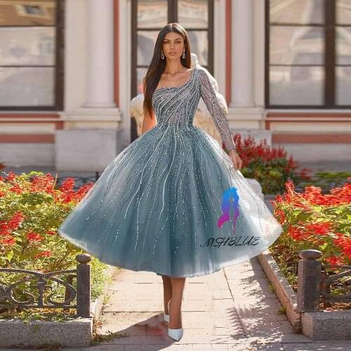 2021 Luxury Blue One Shoulder Prom Dresses Long Sleeve Crystals Beaded Tulle Ball Gown Formal Party Women Tea-Length