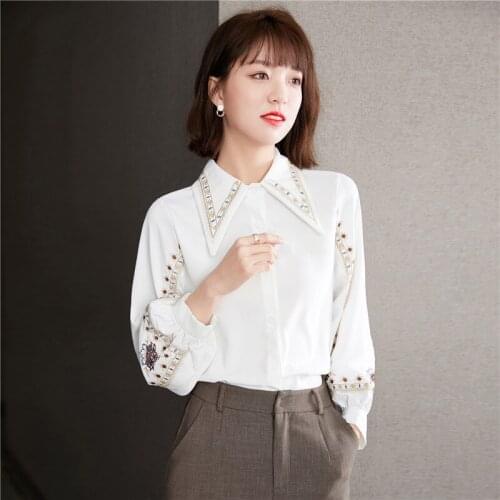 2021 Women Clothes Plus Size Embroidery Blouses Spring Long Sleeve Blue OL Blusa Elegant Casual Wear Vintage Tops Tees 5819