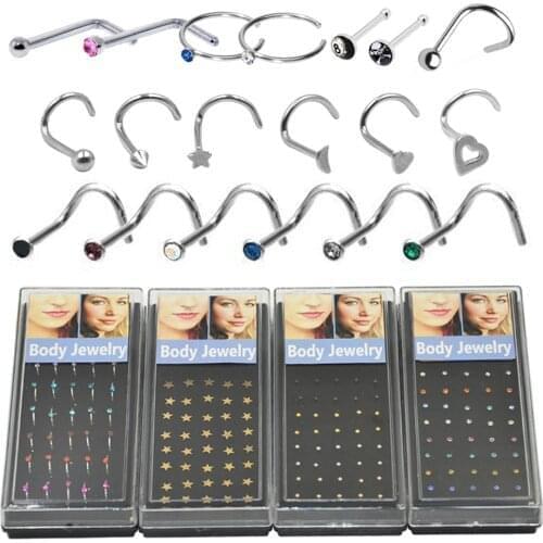 40 Pieces Box Set Nose Stud Ring Piercing Body Jewelry Retainers CZ Gem Crystal Screw Nose Ring Heart Star Moon Ball Spike 20g