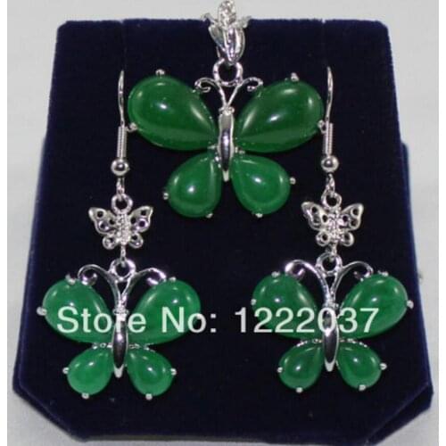 Free Shipping Pretty Natural green jade silver butterfly pendant Necklace earrings set