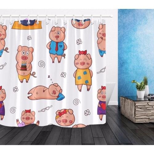 Kids Cartoon Piggy Polyester Shower Curtain Farmhouse Bathroom Waterproof Eco-Friendly Washable Fabric Bath Curtains Home Decor