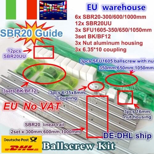 UKR ship 3 sets ballscrew SFU1605-350/650/1050mm+3 set BK/BF12+3 sets SBR20 Linear rails Kit +3 couplers for CNC Router Milling