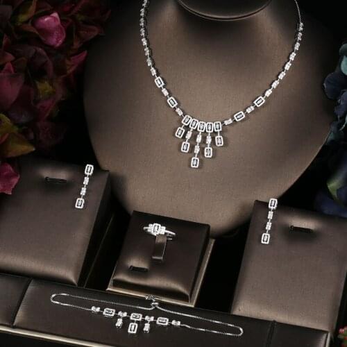 Janekelly 4pcs Bridal Zirconia Full Jewelry Sets For Women Party, Luxury Dubai Nigeria CZ Crystal Wedding Jewelry Sets