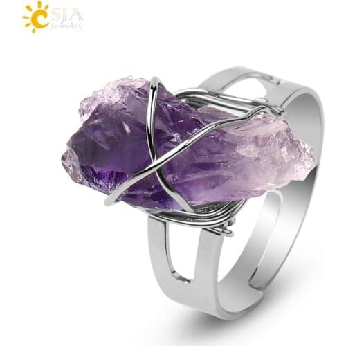 CSJA Women Ring Natural Stone Irregular Crystal Silver Color Wire Wrapped Adjustable Open Rings Reiki Fashion Jewelry Party G559