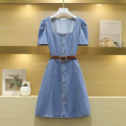 M-4XL 2021 Summer Women Fashion Square Collar Short Sleeve Denim Mini Dress Lady Single-Breasted Large Size Belt Vestidos Female