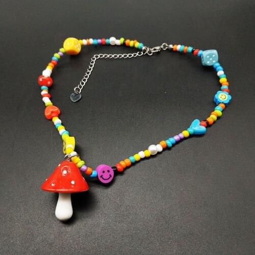 Cartoon Mushroom Smling Face Beads Necklace Women Fashion 2021 Latest Rainbow Arcylic Multi Color Animal Frog Lady Necklace