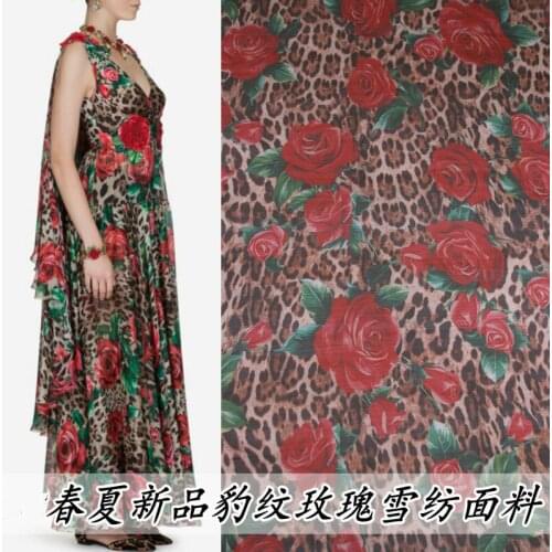 Summer new leopard rose chiffon printing apparel fabric handmade DIY holiday dress shirt fabric high fashion printed cloth