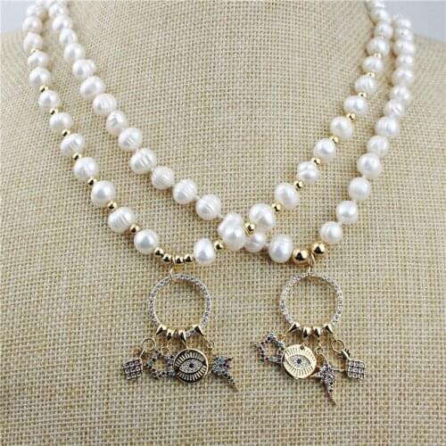 16inch 5pcs/lot New design freshwater pearl necklace,cute cubic zircon charm jewelry,popular pearl necklace wholesale