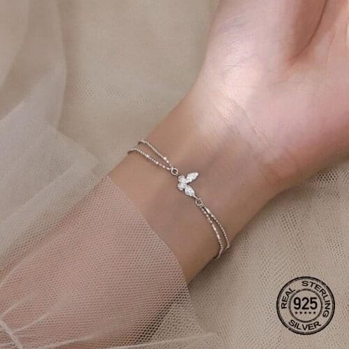 Silver Double Layer Butterfly Bracelets For Women Inlaid Zircon Insect Charm Beads Thin Chain Simple Sweet Career Female Jewelry