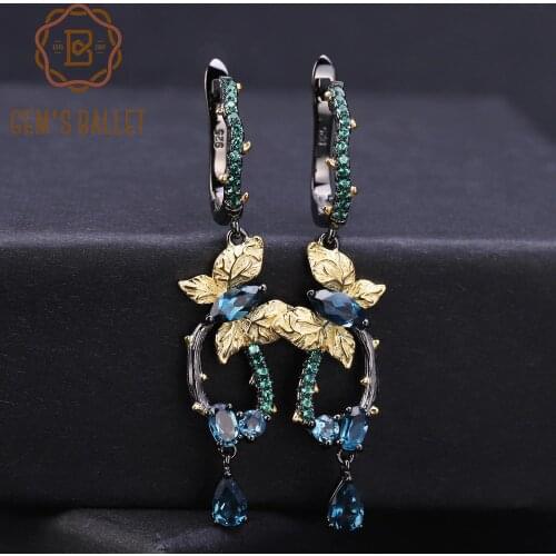 GEMS BALLET 925 Sterling Silver Handmade Butterfly Branch Drop Earrings Classic Natural London Blue Topaz Earrings for Women