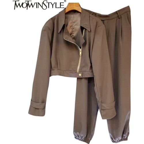TWOTWINSTYLE Casual Slim Two Piece Set Women Lapel Asymmetrical Long Sleeve Coat High Waist Pants Womens Set Autumn Style 2021