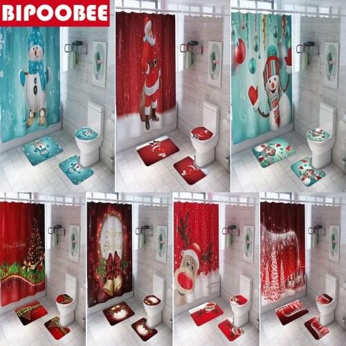 Merry Christmas Bathroom Set Snowman Santa Claus Elk Pattern Waterproof Shower Curtain Toilet Cover Mat Non Slip Rug Home Decor