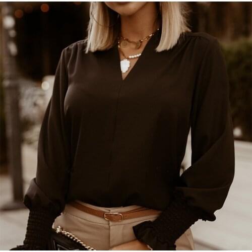 Long Ruffled Sleeve Womens Blouses Black V-neck Female Blouse 2021 Spring Summer New Novelty Fashion Elegant Office Ladies Top