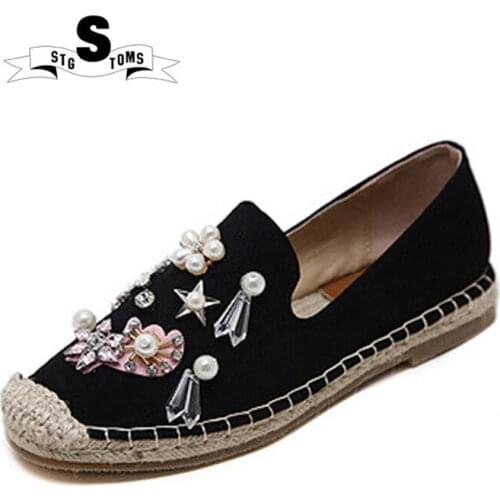 2018 Women Loafers Flats Shoes Moccasins Rhinestone Crystal Ballet Flats Cane Canvas Straw Fisherman Espadrilles Walking Shoes
