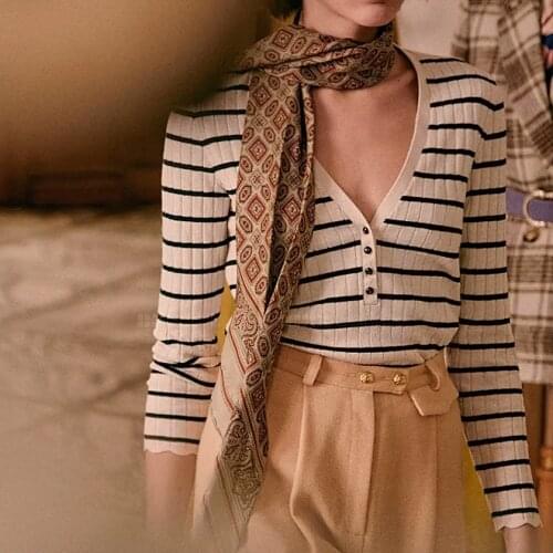 2021 Autumn Black White Striped Knitted Sweater Button Round Neck Puff Sleeve Top Women Loose Long sleeved Oversize Sweater