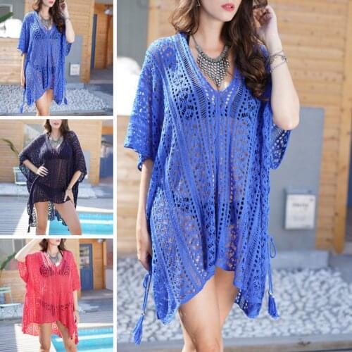 Women Summer V Neck Crochet See-through Bikini Cover up Beach Loose Mini Dress soft fabric fine workmanship wear comfortab