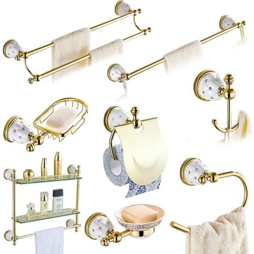 Gold Bathroom Accessories Sets Crystal Brass Bathroom Hardware Sets Wall Mounted Bathroom Products
