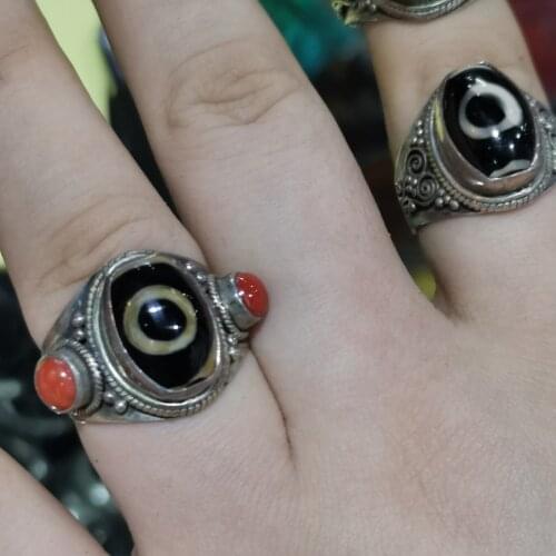 1pcs Wholesale Dzi Bead Ring S925 Sterling Silver Inlaid Agate Red Coral Mans Womans Jewelry Adjustable Size Fathers Day Gift