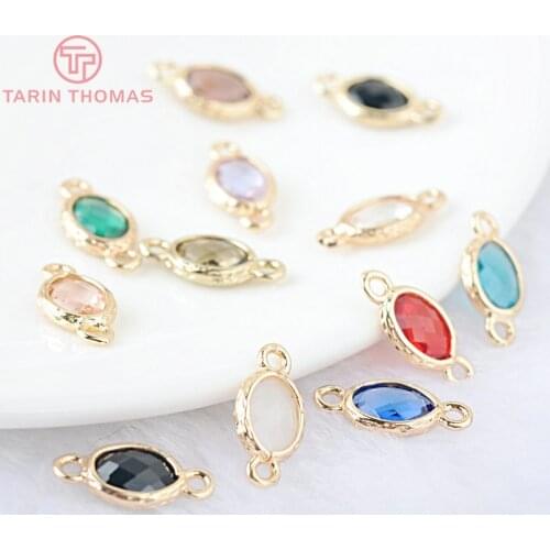 10PCS 15x7.5MM 24K Champagne Gold Color Brass and Glass 2 Holes Sharp Oval Connect Charms Pendants Jewelry Findings Accessories