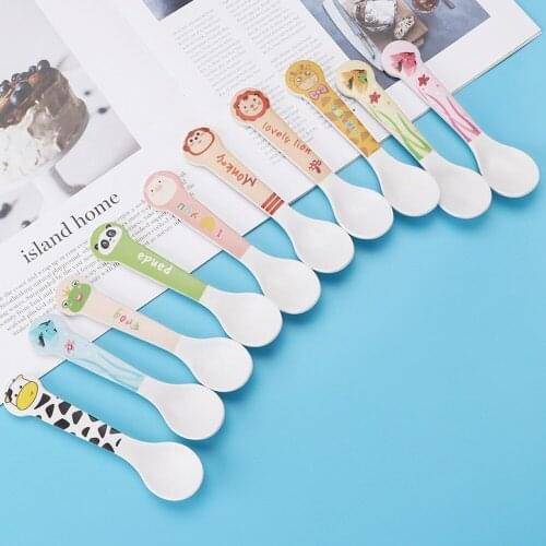 2 Pcs Cute Cartoon Pattern Bamboo Fiber Soup Spoon Fork Set Childrens Baby Kids Food Solid Food Feeding Tableware Cutlery