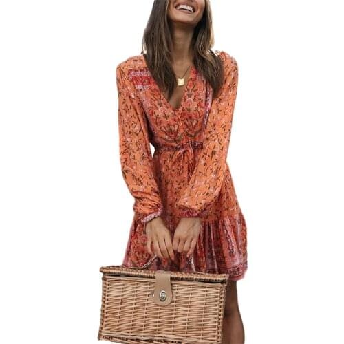 2020 New Women’s Summer Long-sleeved Dress Fashion Printing Single-breasted V-neck High-waist Short Dress юбка летняя женская