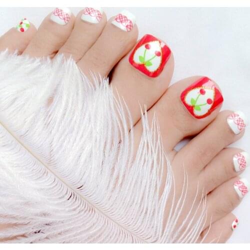 24Pcs Cute Artificial False Toe Nails Cherry Patterns Fake Toenails With Design DIY Full Cover Tips Manicure Tools